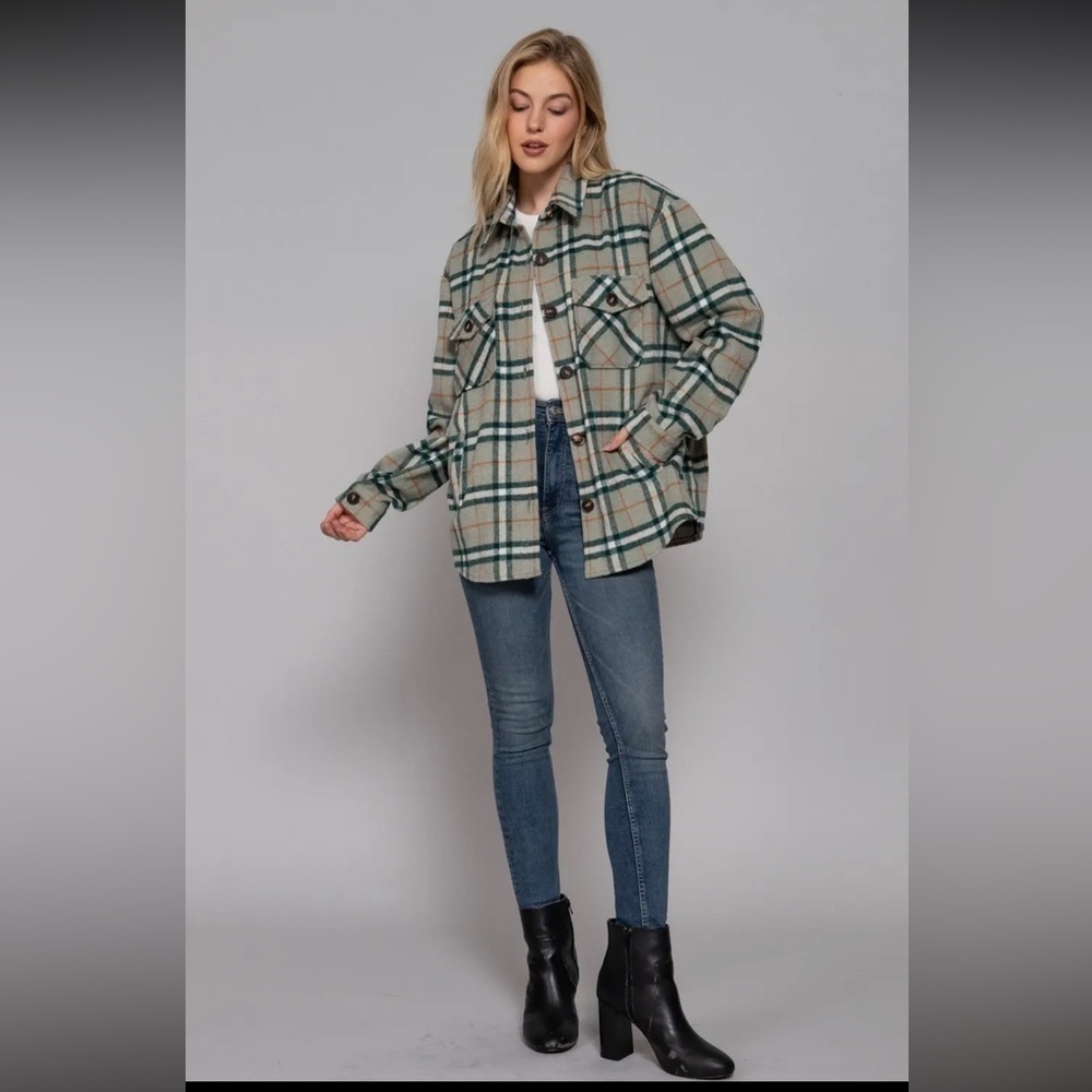 037 - Plaid Button-Up Jacket - Green and Cream - Picture 2 of 3